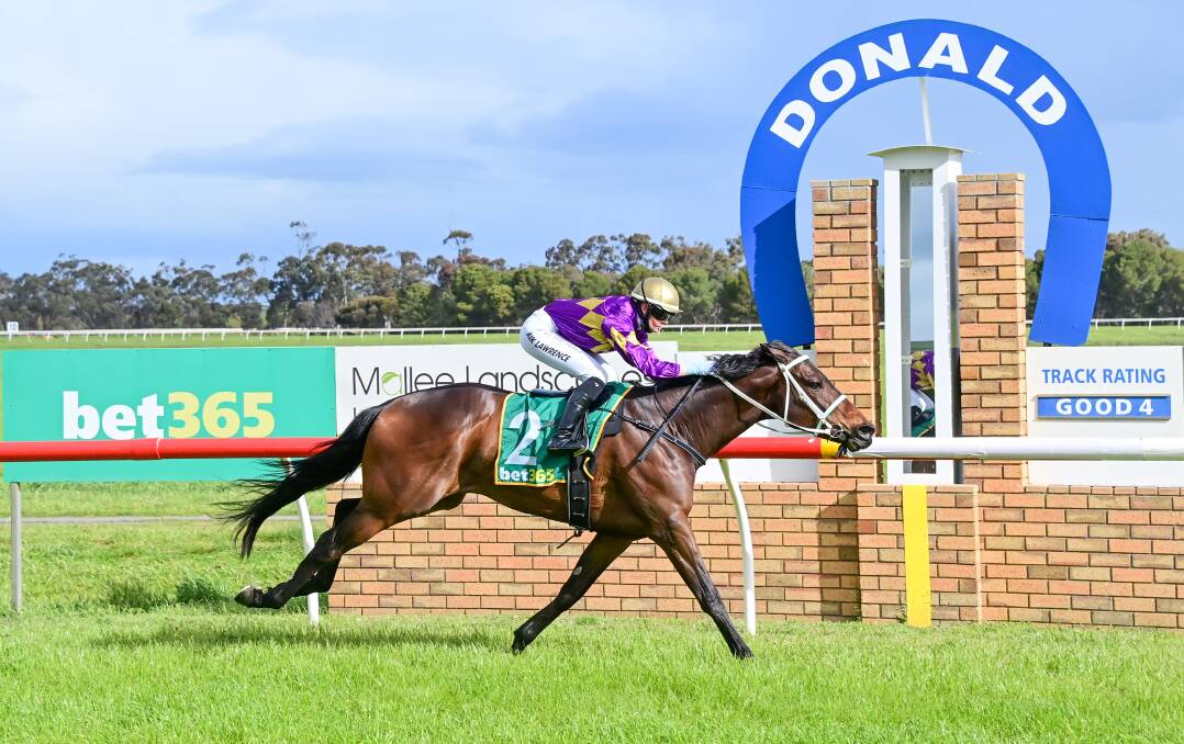 Equine Philosopher, ridden by Mikaela Lawrence, wins the Buloke Plumbing 0-58 Handicap at Donald on Sunday. Picture: BRENDAN McCARTHY/RACING PHOTOS