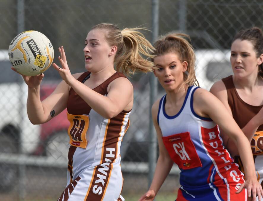 SKILFUL AND QUICK: Sharna Appleby in action for Huntly against North Bendigo during the 2019 HDFNL netball season. Picture: DARREN HOWE