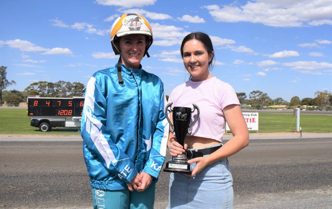 DREAM RUN: Driver Ellen Tormey and trainer Kate Hargreaves celebrate their success with Well Defined in Sunday's $14,500 Boort Trotters Cup. Picture: KIERAN ILES