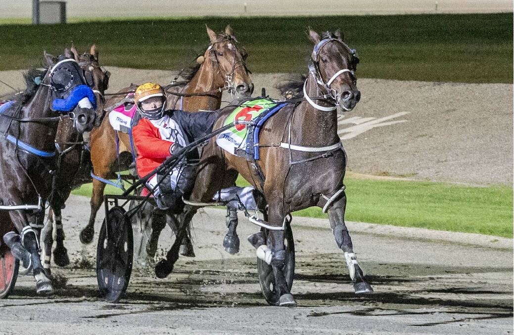 Torrid Saint, driven by Jack Laugher, on his way to victory at Tabcorp Park Melton last Saturday night. Picture: STUART McCORMICK