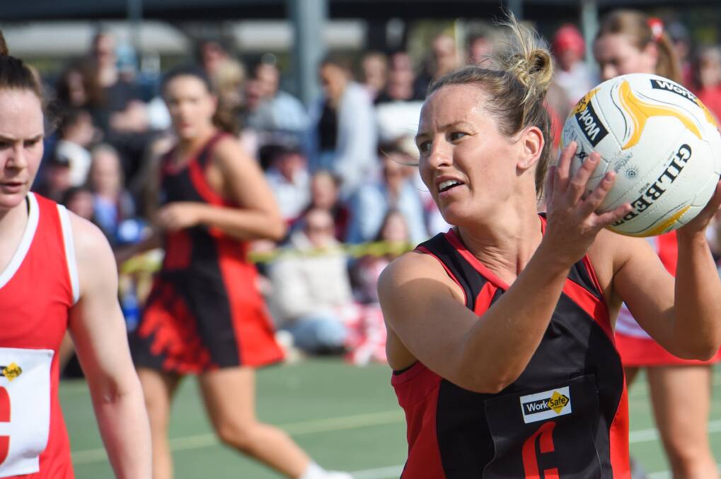 White Hills coach Lauren Bowles gives her all during Saturday's HDFNL grand final. Picture: Darren Howe