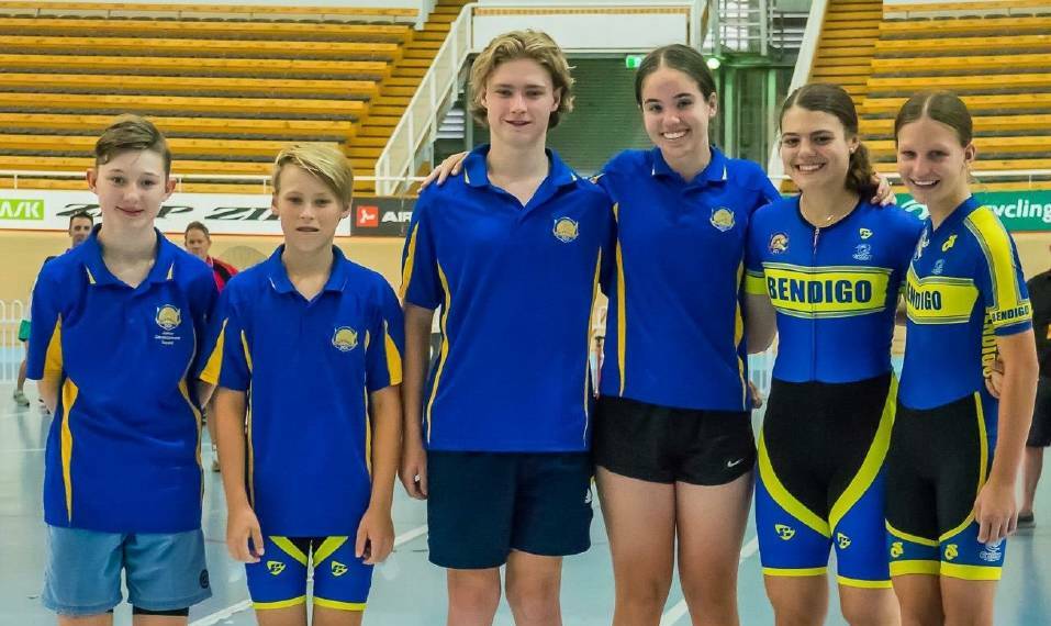 Six of the seven Bendigo cyclists chosen in the Victorian team for the Junior Track National Championships - Angus Gill, Nate Hadden, Jackson Hadden, Jasmine Eddy, Alessia McCaig and Belinda Bailey. Picture supplied