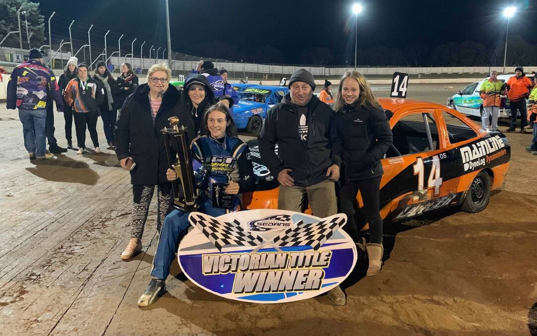 Heathcote's Todd Moule, with mum and dad Lisa and Tony, sister Jade and nan Sandra), celebrate the 15-year-old's maiden Victorian junior sedan title win at Hamilton's Western Speedway.