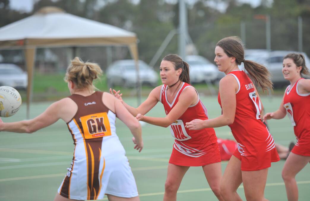 SKILFUL: Elmore wing attack Carly Demeo moves the ball forward during the Bloods' A-grade netball clash against Huntly on Saturday. Picture: LUKE WEST