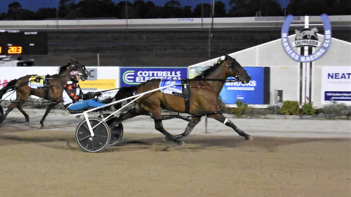 Hard Rock Shannon, pictured winning at Shepparton in March last year with Tayla French in the sulky, produced the win that delivered Heathcote's Terry French his first treble as a trainer on Wednesday night. File picture by Claire Weston Photography