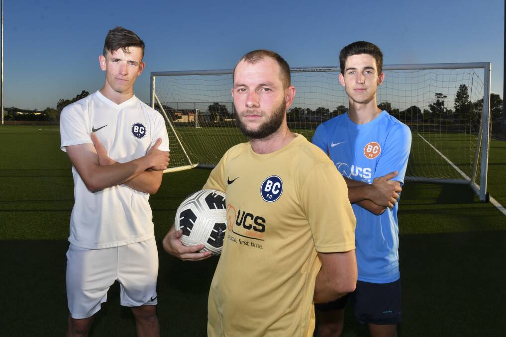 LEADERSHIP TEAM: Bendigo City FC skipper Aidan Lane (left) and vice-captains Daniel Purdy and Will Keating are primed for the club's return to senior action this Saturday in the opening qualifying round of the Australia Cup. Picture: NONI HYETT
