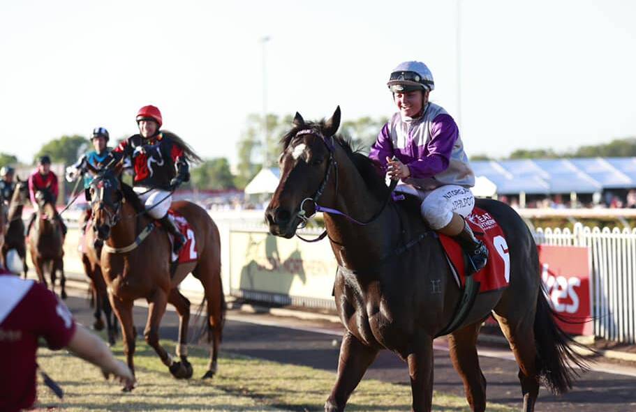 Jessie Philpot returns to the mounting yard following her 2021 Darwin Cup win on the Nicole Bruggemann-trained Highly Decorated. Picture courtesy: DARWIN TURF CLUB
