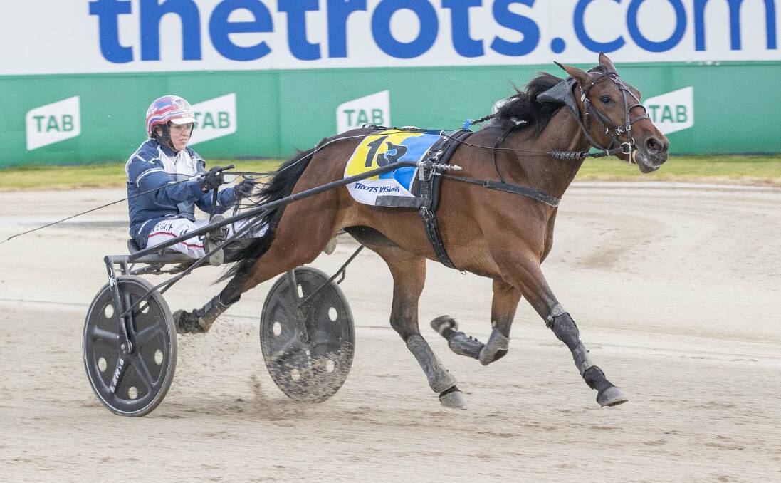 Gun driver Kate Gath steers the two-year-old trotting filly Just A Bit Touchy to an emphatic Breeders Crown triumph at Tabcorp Park Melton on Saturday night. Picture: STUART McCORMICK
