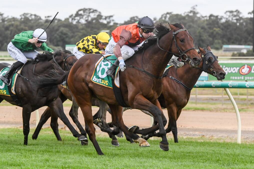 Colsridge, ridden by Harry Coffey, surges to victory in the benchmark 84 handicap on Golden Mile day in 2022. Picture by Brett Holburt/Racing Photos