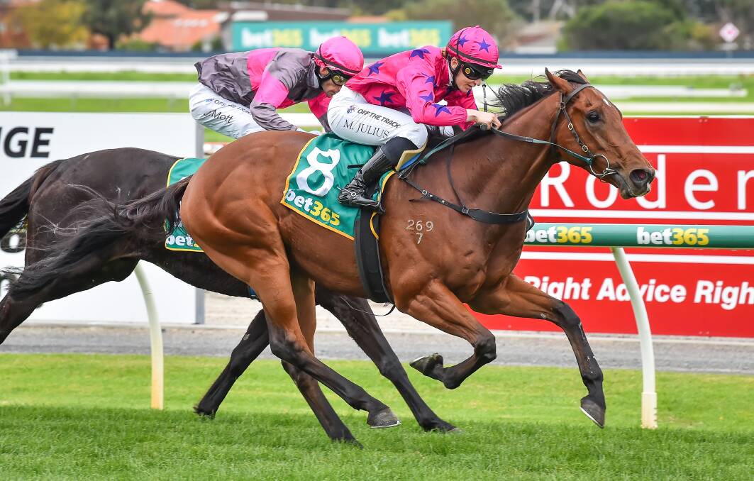 Up All Night, ridden by Melissa Julius, wins the four-year-old maiden plate at Geelong on Friday. Picture: REG RYAN/RACING PHOTOS