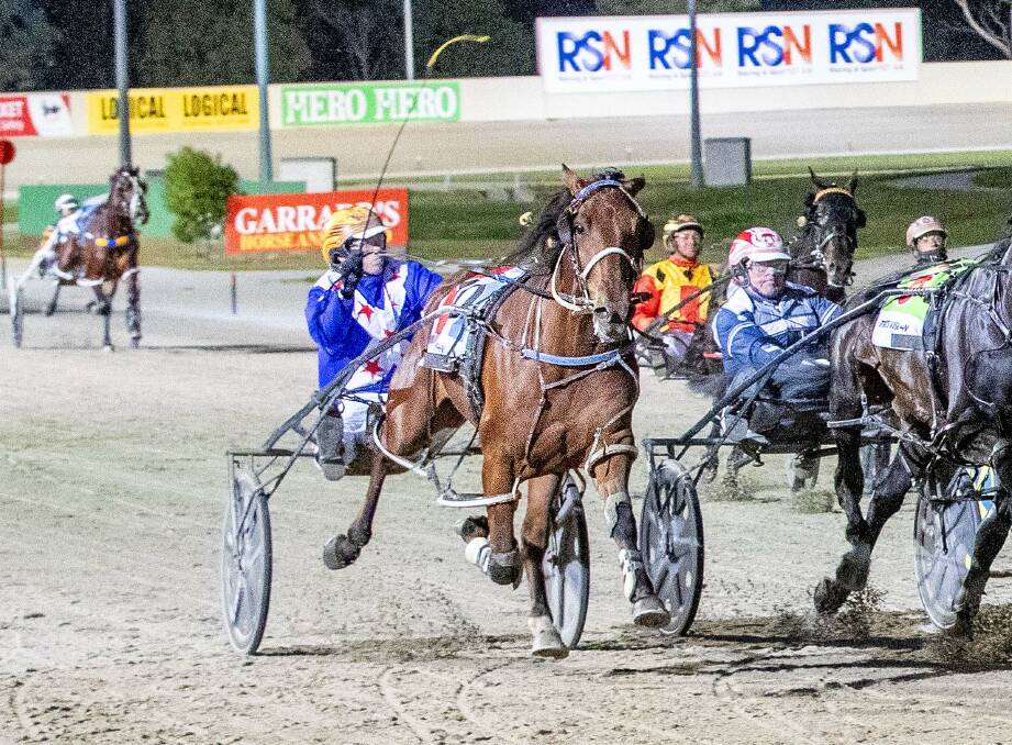 Interest Free, driven by Jack Laugher, wins the $24,000 Youthful Stakes at Tabcorp Park Melton last Saturday night. Picture: STUART McCORMICK