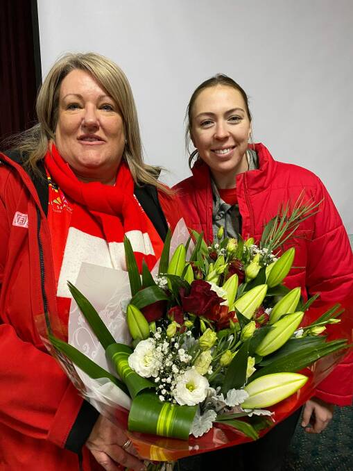 South Bendigo coach Jannelle Hobbs is congratulated by A-grade captain Steph Goode following her 200th BFNL game as an A-grade coach. Hobbs notched up the feat in Saturday's match against Strathfieldsaye.