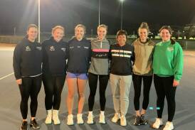 Charlton A-grade netballers Ellie Rae, Megan Bruns, Claudia Lee, Kirsty McKenzie and Holly Thompson, with their coach Annie Hockey and assistant Kim Fitzpatrick - Maddi's mum - at training on Thursday night. Absent from the photo are Sabrina Thompson, Lauren Campbell, Kiara Perry and Chloe Walsh.