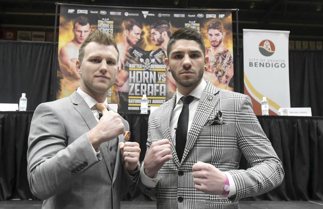 Jeff Horn and Michael Zerafa at the press conference to announce their August 31 fight in Bendigo. Picture: NONI HYETT
