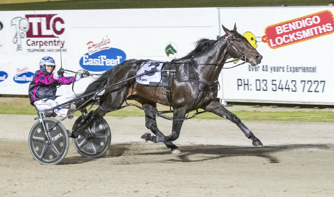 Act Now, driven by Jodi Quinlan, wins the Group 1 Victoria Derby at Lord's Raceway on Saturday night. It was top trainer Emma Stewart's first success in the prestigious race. Picture: STUART McCORMICK