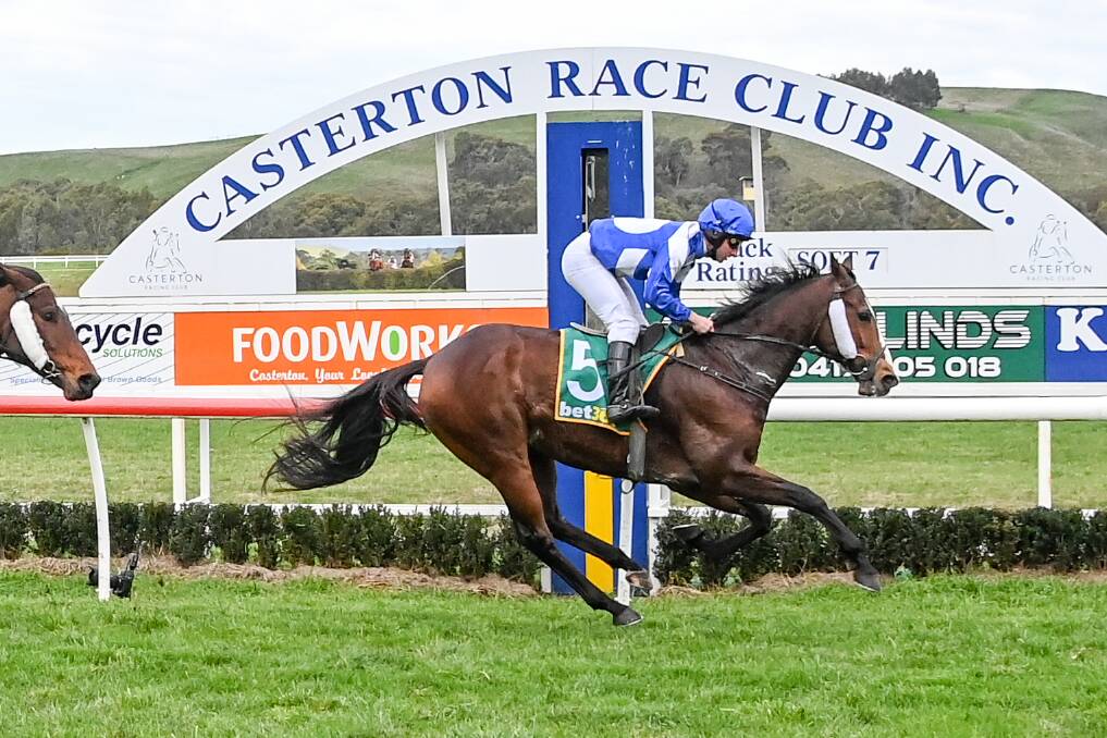 Mr Liberty, with Thomas Sadler in the saddle, wins at Casterton on Saturday. Picture: ALICE LAIDLAW/RACING PHOTOS