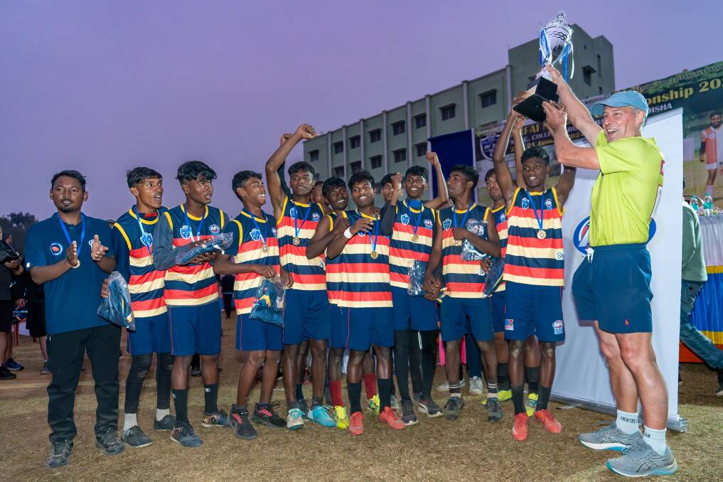 The Jharkhand Crows celebrate their AFL India National Championships victory over the West Bengal Tigers. Picture supplied by AFL India