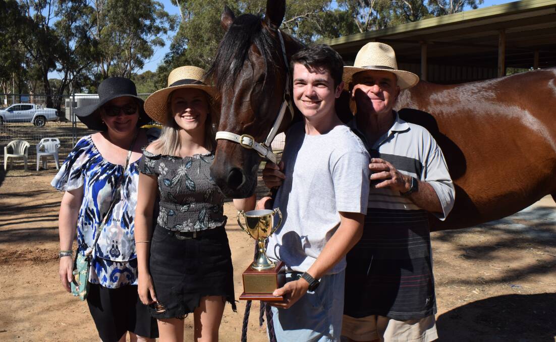 Terresa, Shannon, Sean and Jim O'Sullivan celebrate their 2019 Elmore Pacing Cup success with the nine-year-old gelding Fourstarzzzspecial. Picture: KIERAN ILES