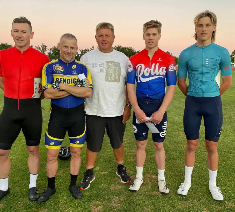 Wheelrace placegetters (from left) Ash Braszell, Justin Leske, Isaac Buckell and Nate Hadden with sponsor Peter Sens. Picture: RICHARD BAILEY