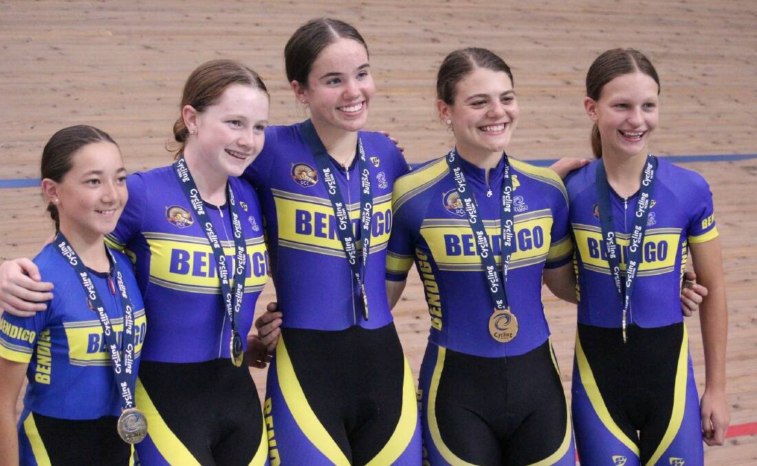 Haylee Jack, Ruby McLean, Jasmine Eddy, Alessia McCaig and Belinda Bailey gather after a successful Victorian Junior Track Championships. Picture contributed.
