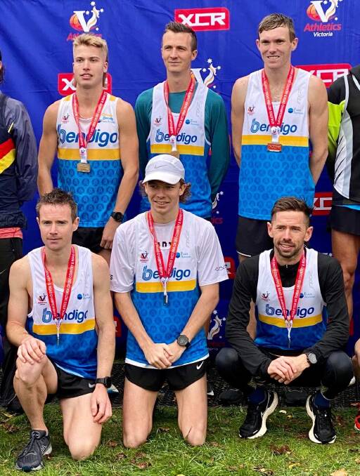 The Bendigo Bats team which won men's Premier division at Jells Park in Saturday's start to Athletics Victoria XCR '22 series. Back row (from left): Archie Reid, Andy Buchanan, Nathan Stoate.Front: Brian McGinley, Matt Buckell and Brady Threlfall.
