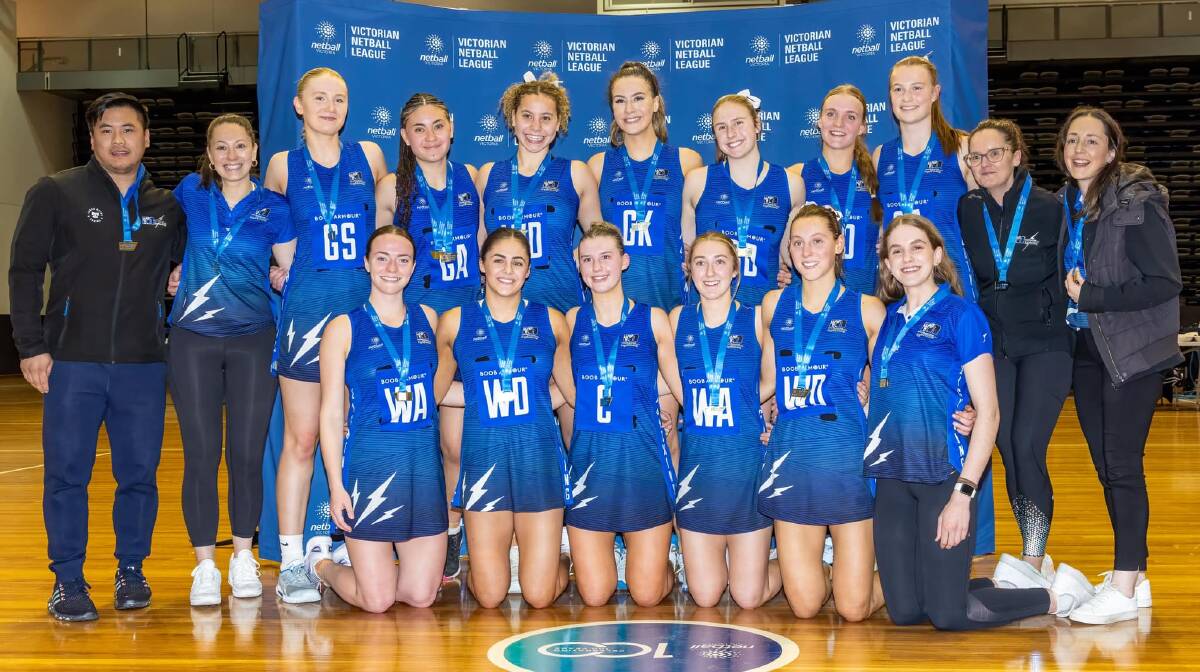 Melbourne University Lightning's victorious VNL 19-and-under premiership team included three Castlemaine BFNL players - Emma Winfield, Montaya Sardi and Shaid Sasalu. Picture courtesy of Melbourne University Lightning