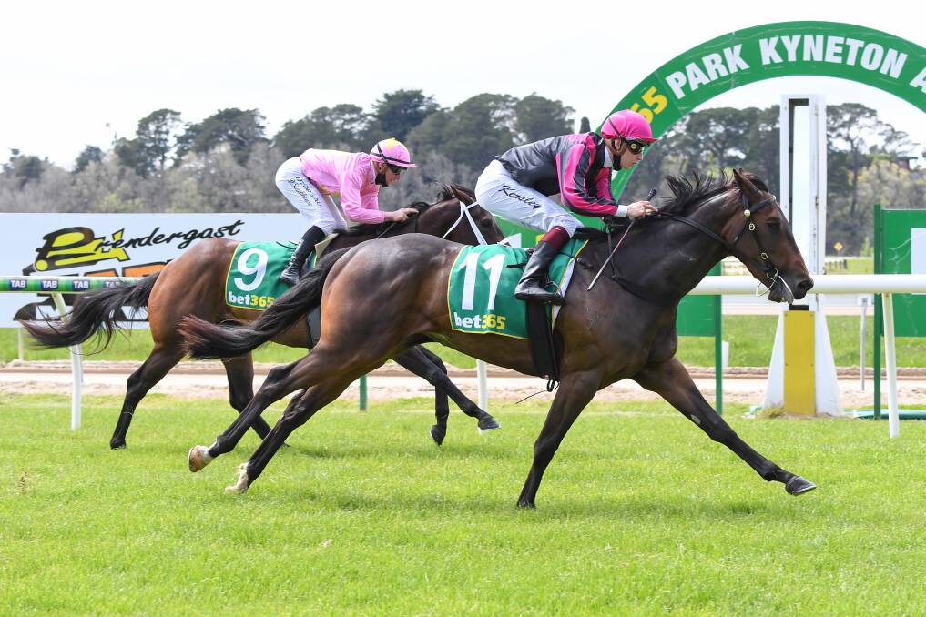 STEPPING UP: Wit, ridden by Fred W Kersley, wins the three-year-old fillies maiden at Kyneton on October 13. Picture: RACING PHOTOS