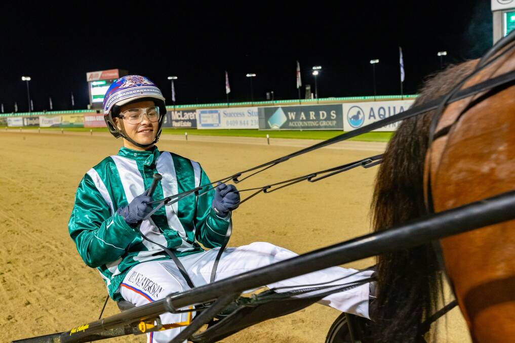Ryan Sanderson took the reins behind Catalpa Rescue last Saturday night, but younger sister Abby will do the honours in this weekend's derby final. Picture courtesy of Racing at Club Menangle