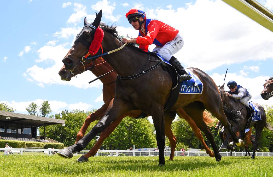 Mobamba, ridden by Craig Robertson wins the Hygain 3YO Maiden Plate at Kyneton on Monday. Picture: PAT SCALA/RACING PHOTOS