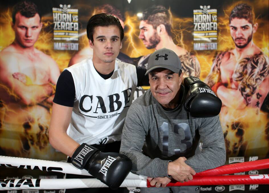 Australian boxing legend Jeff Fenech with his protege Brock Jarvis at Hit Factory Boxing in Golden Square on Thursday. Picture: GLENN DANIELS