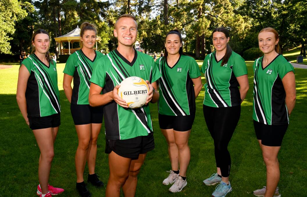NEW ROOS: Ash O'Shea, Carly Van Den Heuvel, Bronte Deary, Abbey Ryan and Ashley Ryan with Kangaroo Flat coach Jayden Cowling at Rosalind Park, Another of the club's major recruits Laura McDonald is absent from the photo. Picture: NONI HYETT