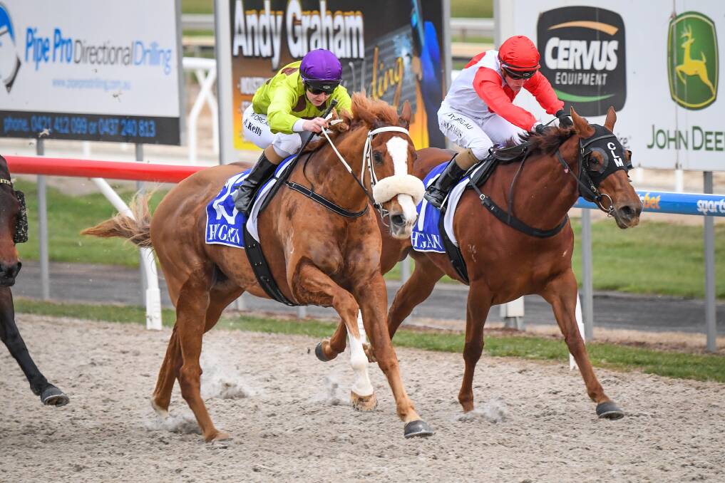 Hot Seat, ridden by Alana Kelly, wins the Hygain Winners Choice Benchmark 58 Handicap at Ballarat Synthetic on Tuesday. Picture: REG RYAN RACING PHOTOS