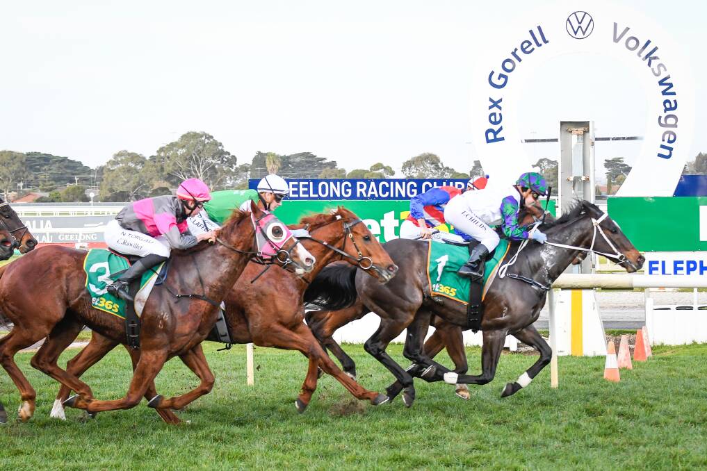 Tayla Childs on Reine Happy edges out brother Jordan Childs on Billy Mav at Geelong on Friday. Picture: REG RYAN/RACING PHOTOS