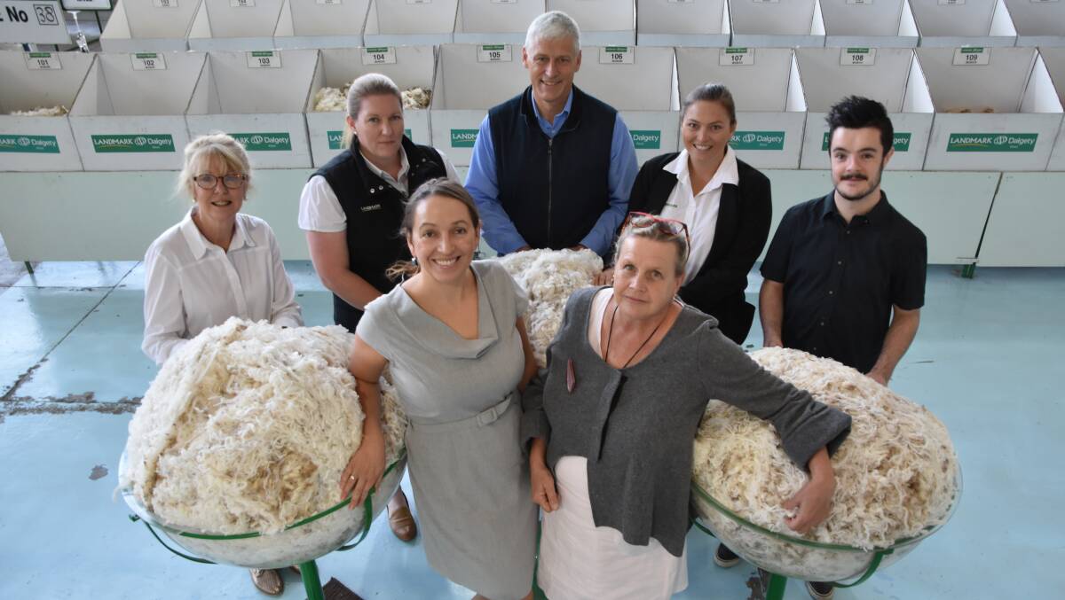 Margot Falconer, ASBA, Candice Cordy, Landmark, Tim Steere, AWTA, Shannon Crowe, Landmark, Sam Garland, ASBA, Kathryn Field, an oncologist who works with COGNO, and Tess Cochrane, Axedale, at the National Fleece Competition launch at the Melbourne woolstores.