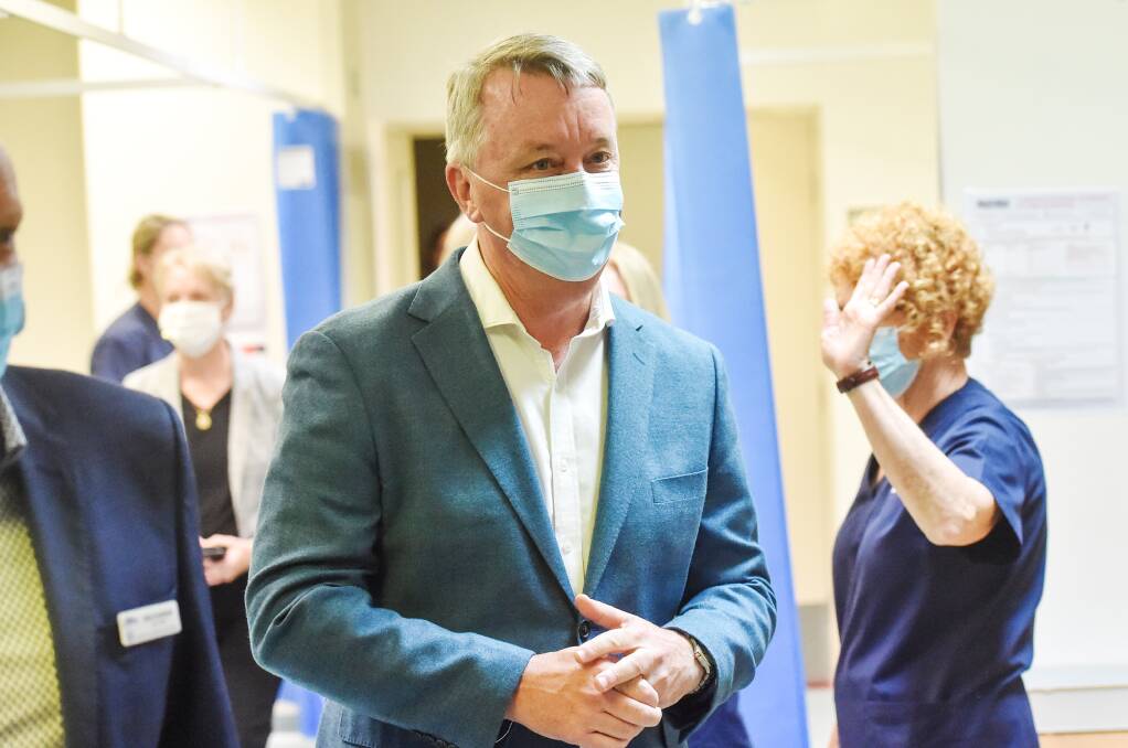 Minister for Health Martin Foley in Bendigo in March for the first vaccinations of Bendigo Health workers. Picture: DARREN HOWE