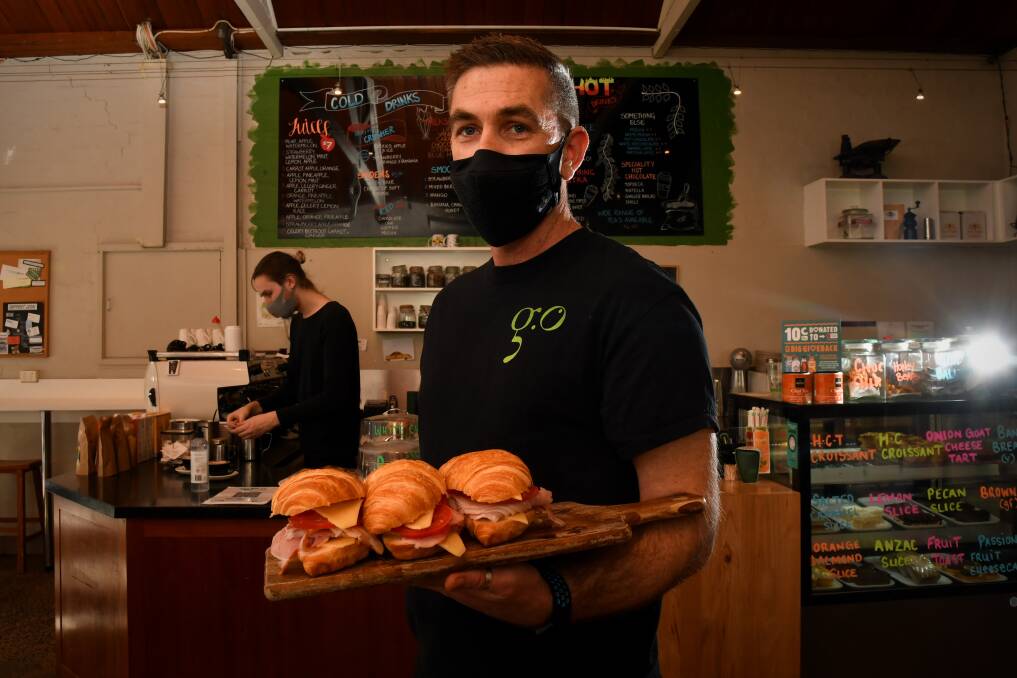 OPEN: Green Olive's Aaron Argus is thrilled to re-open his eatery after Victoria's sixth lockdown came to a close in regional areas. Picture: NONI HYETT