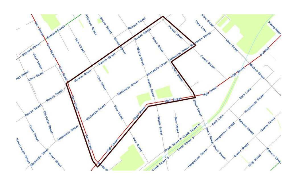 A map detailing streets involved in the time-parking trial.