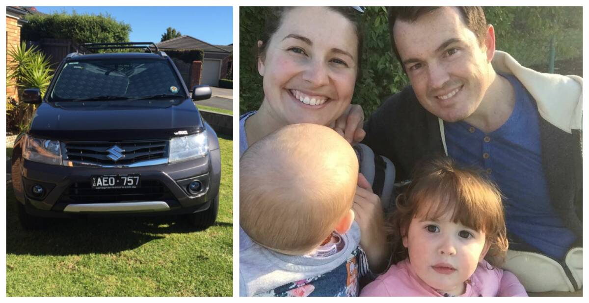 The Gepp family: Jessie, Garrett, Apollo and Eva and their stolen car (left). Pictures: Supplied.