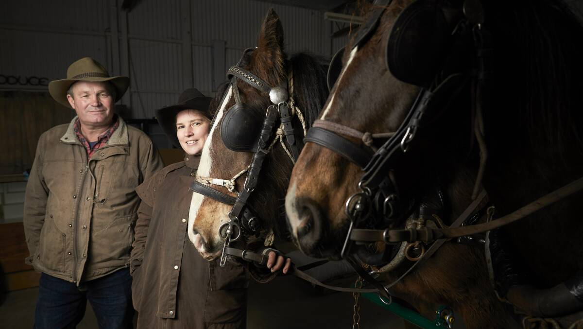 ENDURING: Brian Harrison and Alicia Driscoll with horses Clancy and Jake ahead of their 568km horse-drawn journey from Ballarat to Mildura. Picture: Luka Kauzlaric
