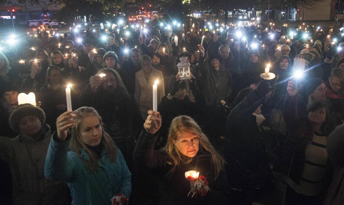 Emotions ran high during a candle-lit march honouring Eurydice Dixon and other victims of violence as hundreds of Ballarat residents took part in one of 20 vigils held simultaneously across the country. Photo: Mark Smith