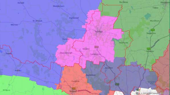 The Nationals' proposal for federal redistribution would see Bendigo (pink) gain Maryborough and lose electors to the south, namely from Kyneton, which would join McEwen (grey). 