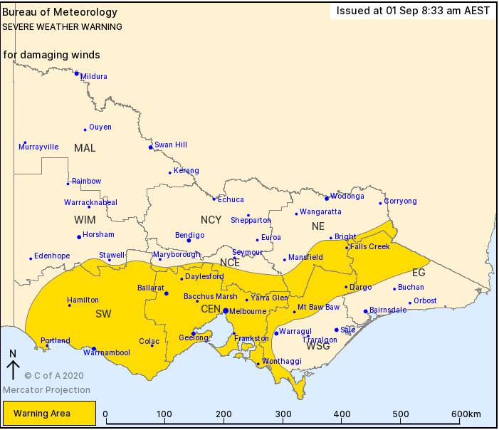 Damaging winds are expected on Wednesday. Picture: Bureau of Meteorology. 