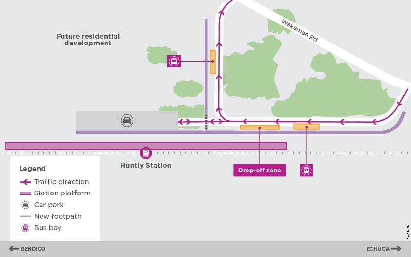 ALL ABOARD: A concept map for the new Huntly Station includes two bus bays and a drop-off zone, with the station to be located off Wakeman Road, Bagshot. Picture: Supplied. 
