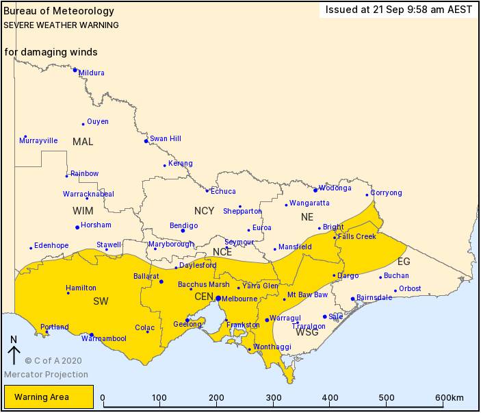 A damaging winds warning has been issued for part of central Victoria. Picture: Bureau of Meteorology 