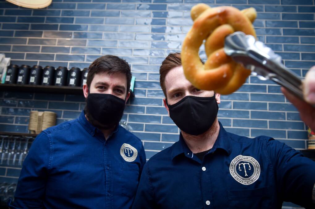 BRAND NEW: Pretzels are a signature offering of James Stevens and Matthew Murray's recently opened German restaurant, Tageskarte. Picture: DARREN HOWE
