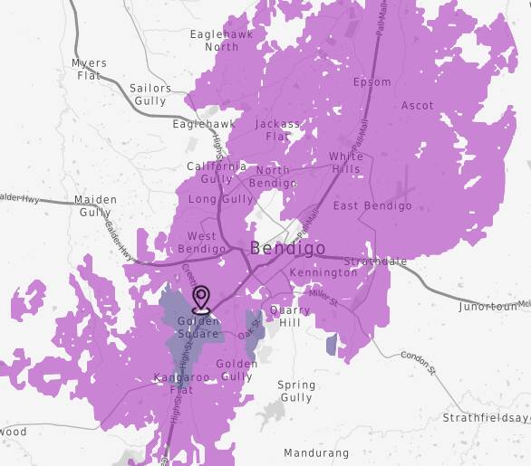 Bendigo's 5G coverage map. The purple shading are areas that already have access to the 5G network, with the blue areas planned upgrades. Picture: Supplied. 