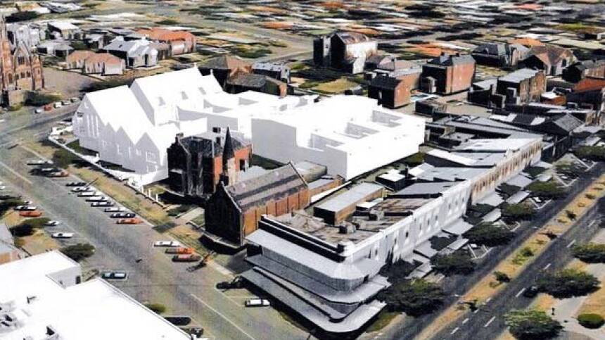 REVISION: A flyover of the site with the proposed development in white. Developers and architects are working to redesign aspects of the proposal, including decreasing building height and improving site access. Picture: Supplied 