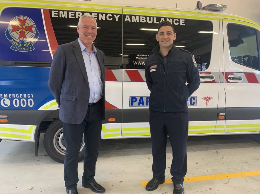 AMBOS BOOST: Parliamentary Secretary for Health Steve McGhie and Ambulance Victoria regional director Michael Georgiou. Picture: NICHOLAS NAKOS