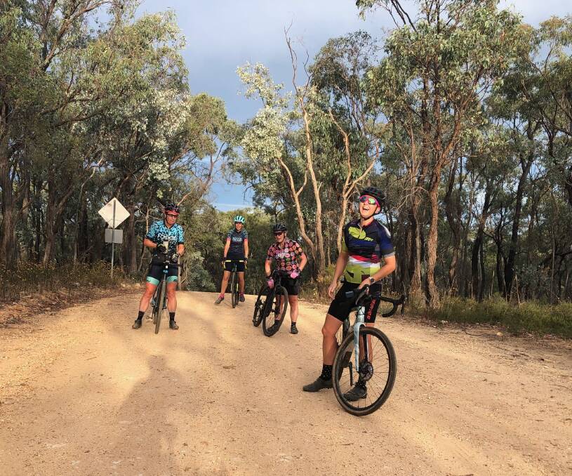 HIT THE DIRT TRACK: Jo Lythgo (right) with fellow gravelliers taking on a hilly short cut en route to Pilchers Bridge reserve. Picture: Supplied. 