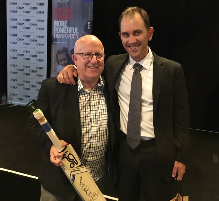 Bruce Claridge (left) with Australian cricket coach Justin Langer, at the AFL India Championship Championships in Kolkata (below, left) and at the Bendigo Bank this week (below, right). 